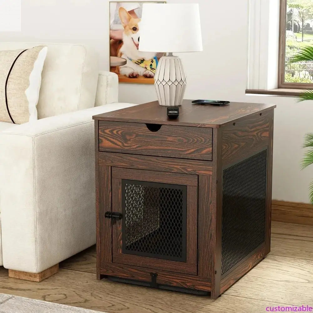 2025 New Wooden Dog Crate End Table with Storage  and QC3.0 Wireless Charging