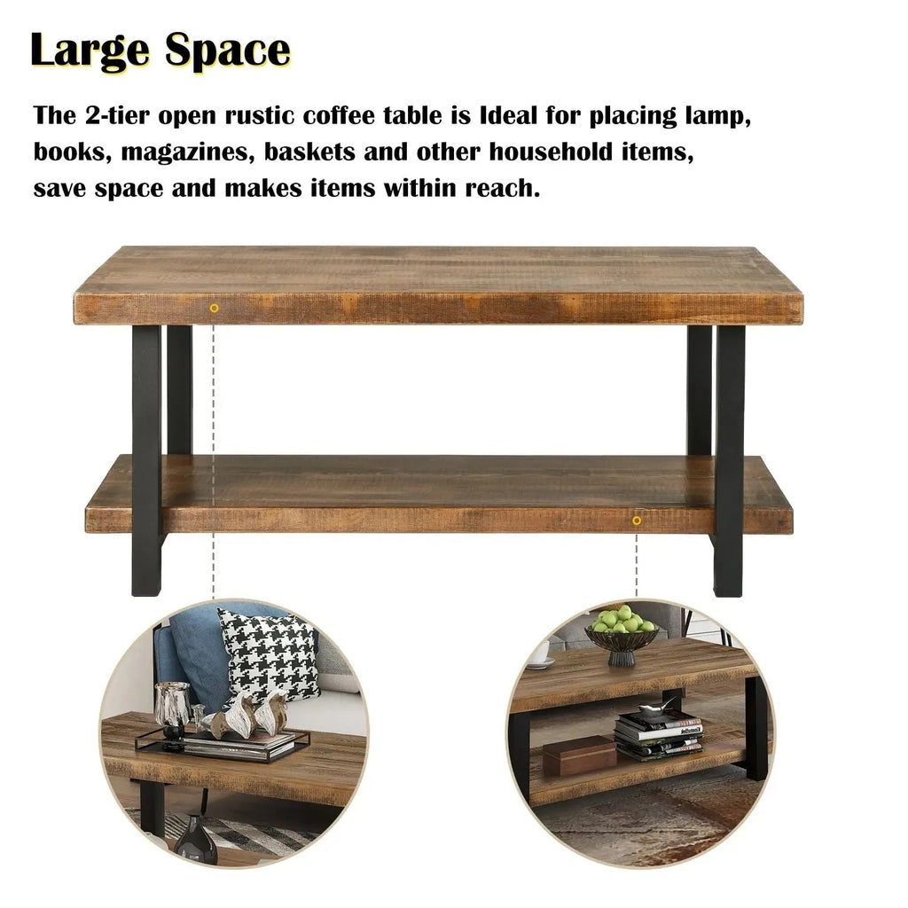 Rustic Natural Coffee Table with Storage Shelf - Square/Rectangular Design for Living Room, Easy Assembly