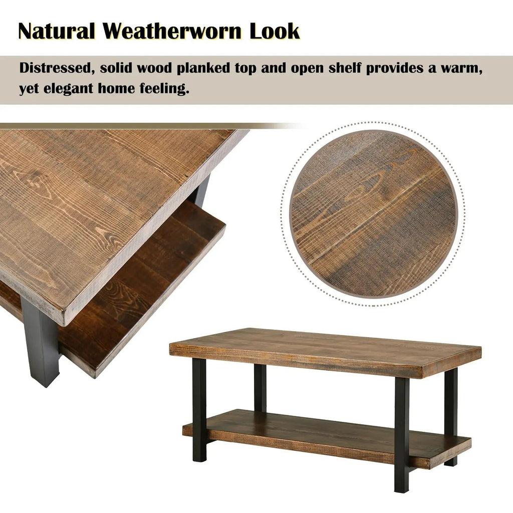 Rustic Natural Coffee Table with Storage Shelf - Square/Rectangular Design for Living Room, Easy Assembly