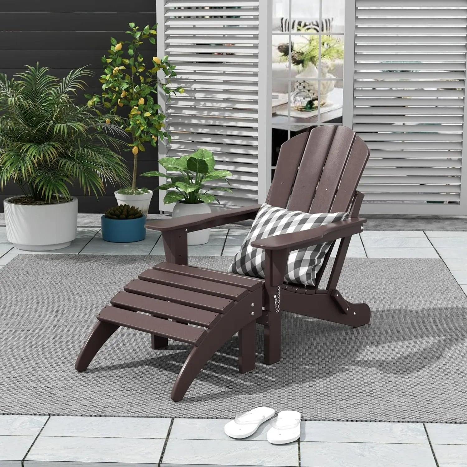 WO Home Furniture Adirondack Chair Outdoor Ottoman Set of 2 PCS Classic Patio Furniture (Dark Brown)