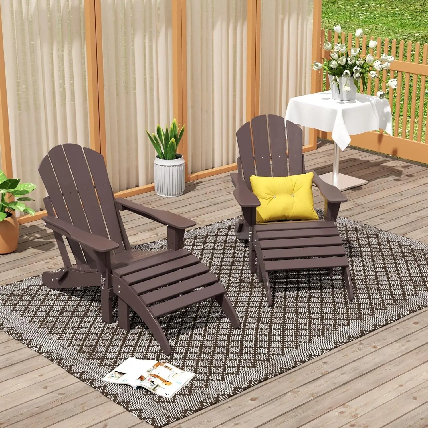 WO Home Furniture Adirondack Chair Outdoor Ottoman Set of 2 PCS Classic Patio Furniture (Dark Brown)